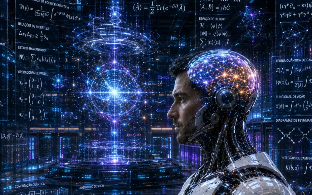 Perfil de uma pessoa com o cérebro representado como uma rede de luz, cercada de painéis com equações de física quântica