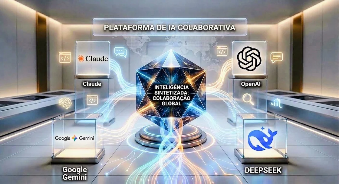 As quatro inteligências artificiais que o sistema usa — Claude, OpenAI, Google Gemini e DeepSeek — com o trabalho das quatro convergindo para um resultado único.